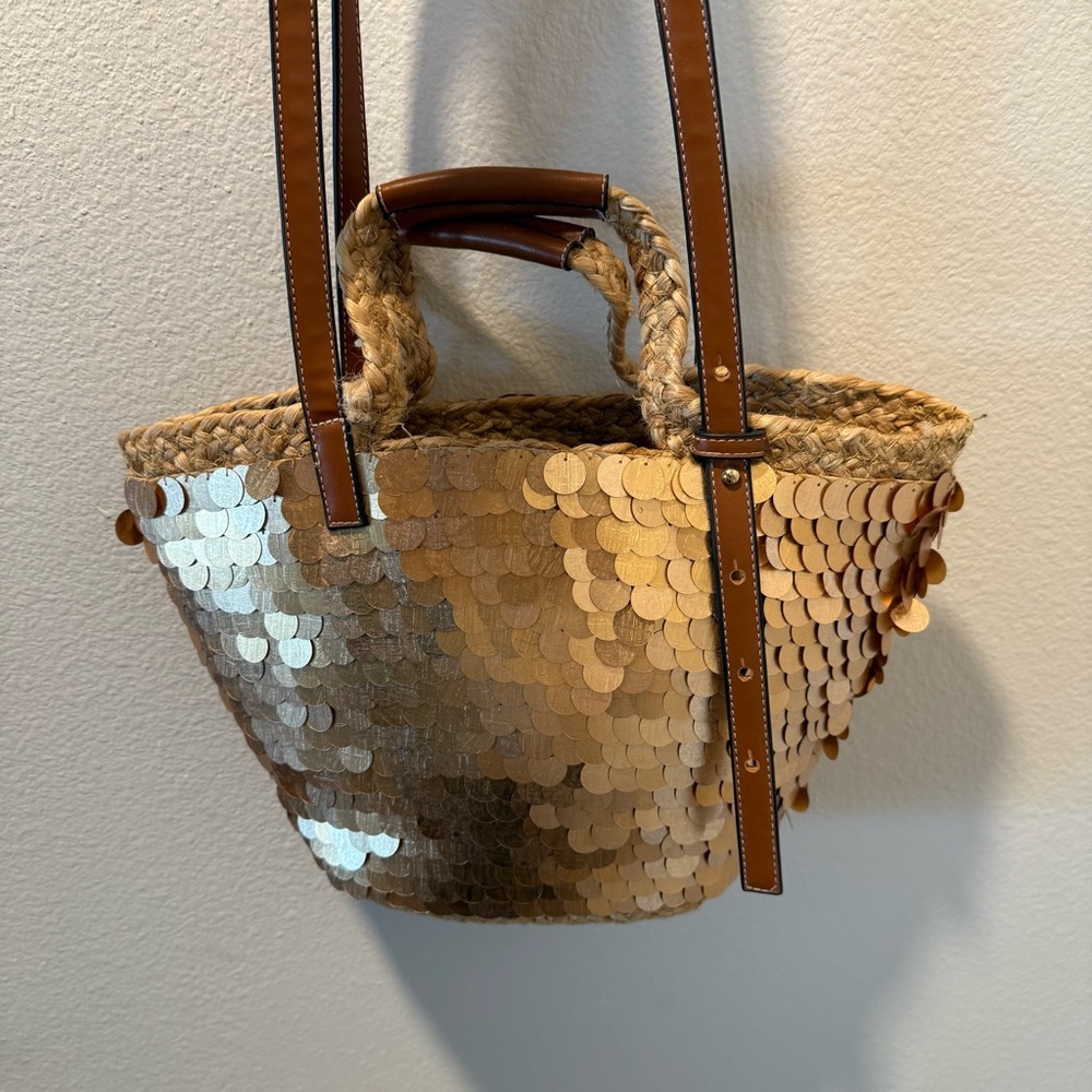 Zara Sequin Basket Bag with Metallic Paillette Bronze Accents